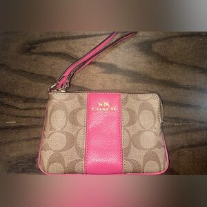 Coach Signature Canvas Zip Wristlet Wallet with Pink Leather Stripe